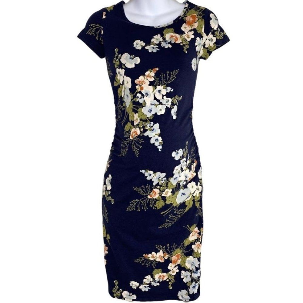 Isabel Maternity Dress Women's XS Navy Blue White Green Blue Floral Stretch Soft
